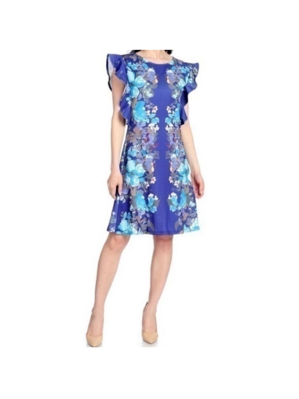 Marc Bouwer Unlimited Blue Floral Shift Dress XL Flutter Sleeves
